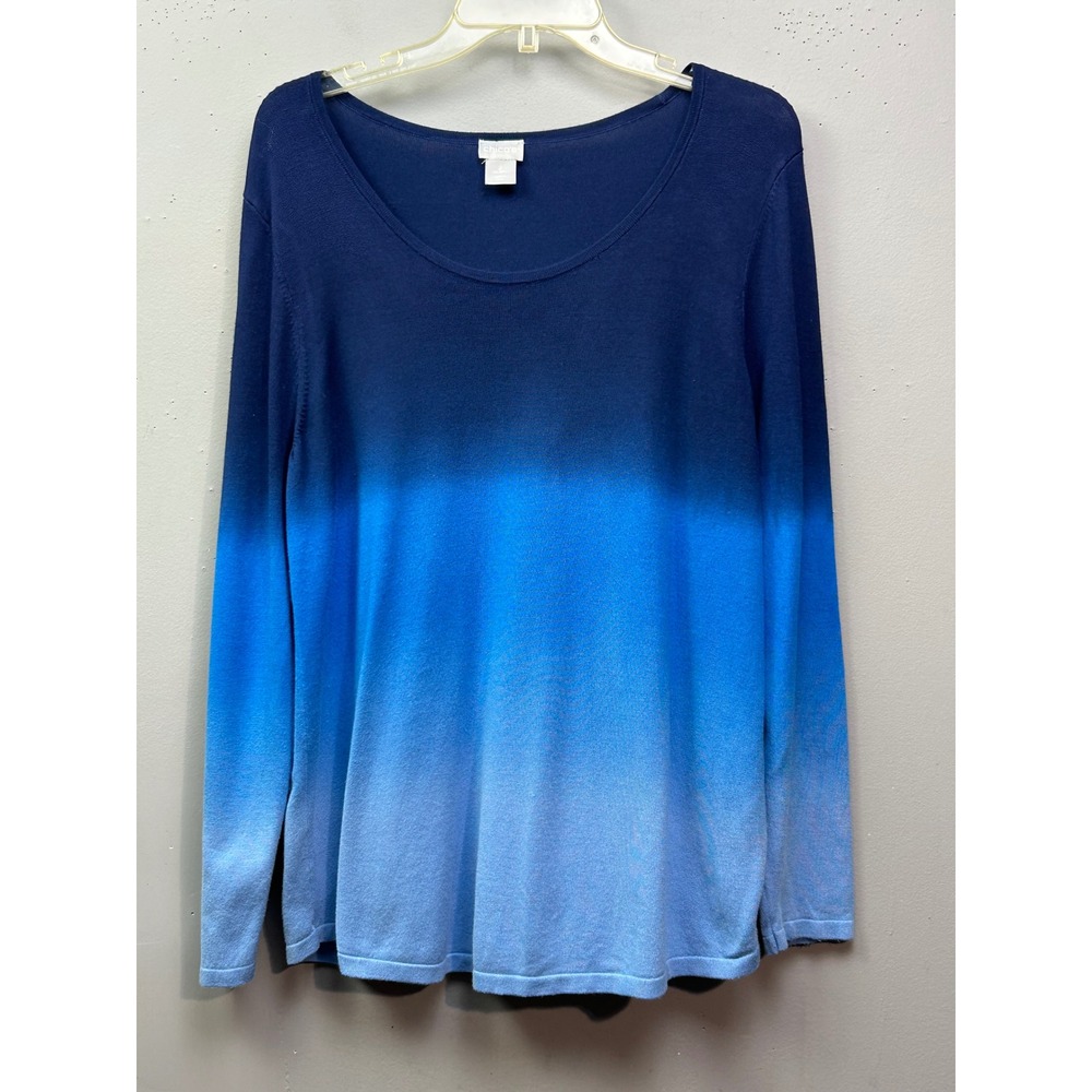Chico's Top Womens Large Blue Ombre Scoop Neck Long Sleeve Rayon Blend Pullover